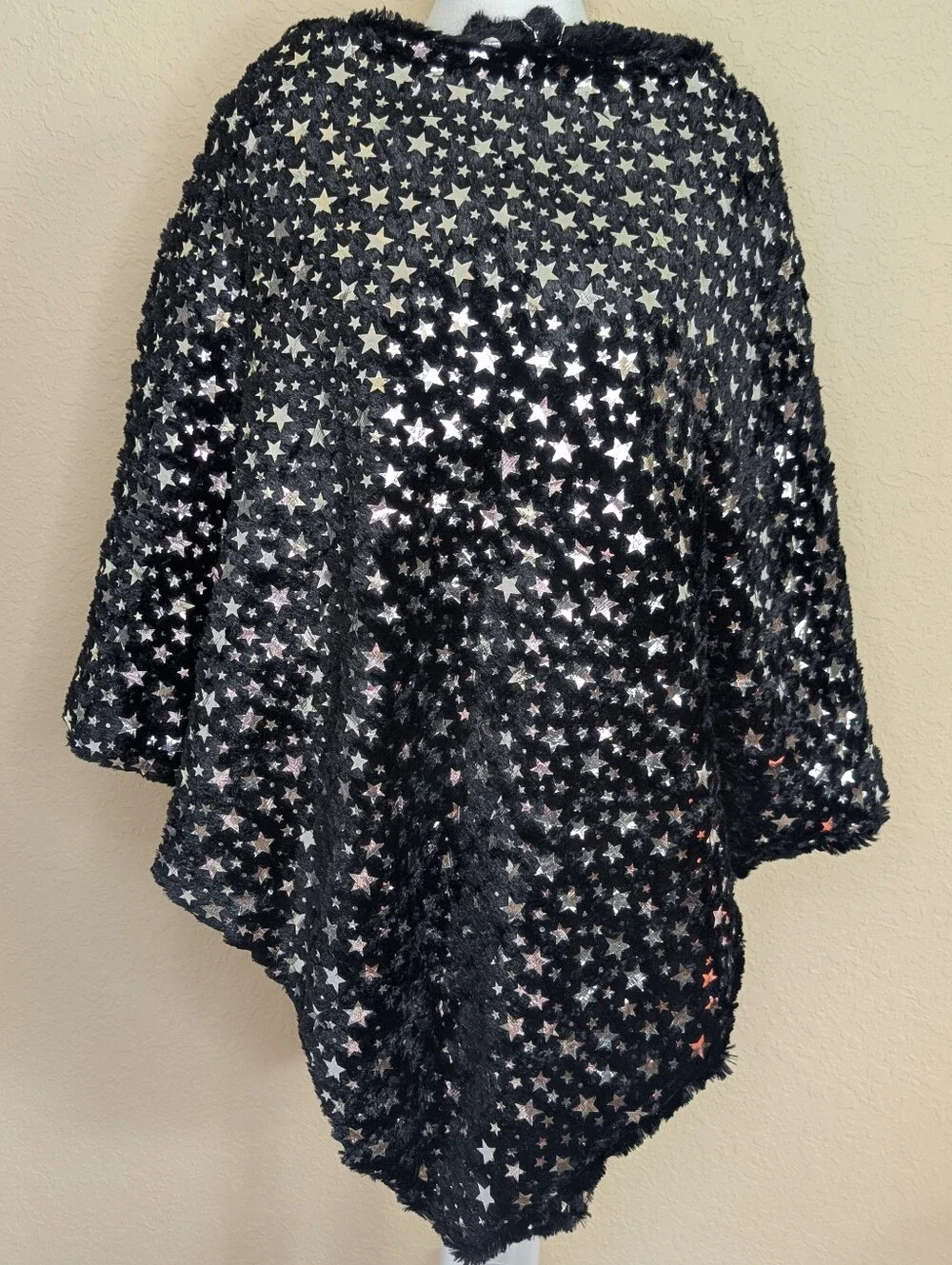 Reversible Faux Fur Poncho With Silver Leaves or Stars - NWOT